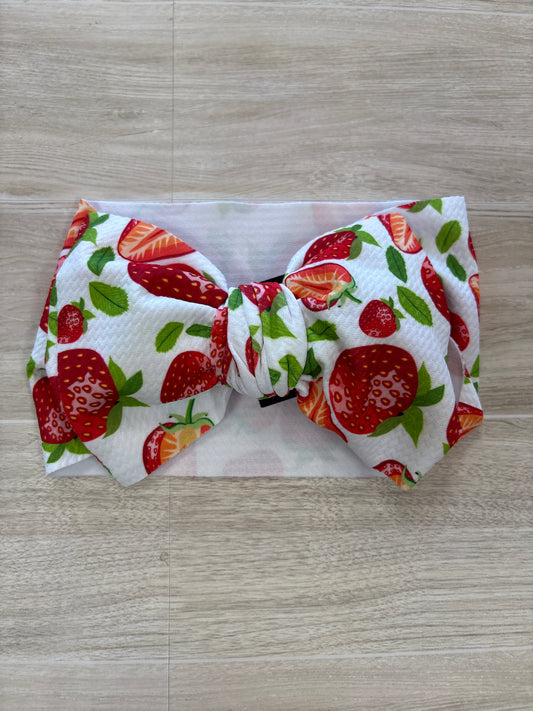 Stretchy White Strawberry Bow Headwrap