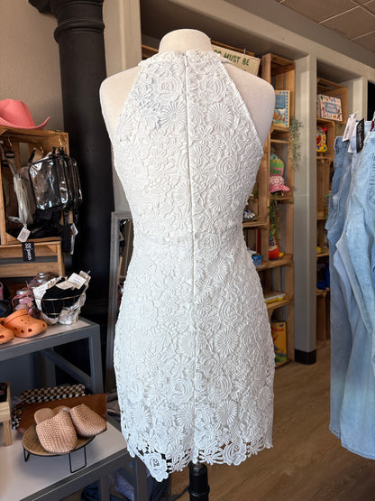 Womens Medium White Floral Laced Lulus High Neck Dress