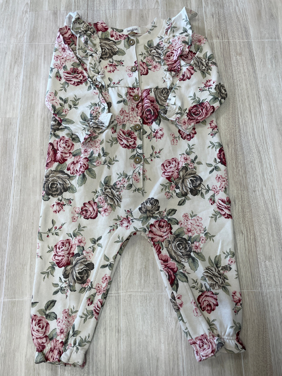 NWT 6-9m Off White Floral Ruffle Button Jumpsuit