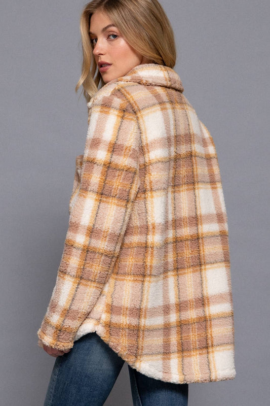 Long Sleeve Oversized Plaid Faux Fur Jacket