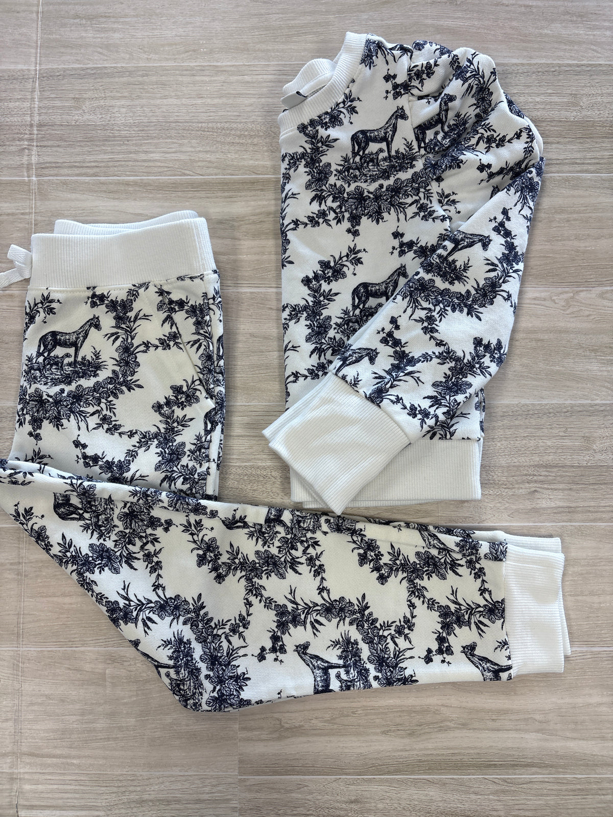 NWT Janie And Jack 6 White/Navy Floral Horse 2 Piece Lounge Set