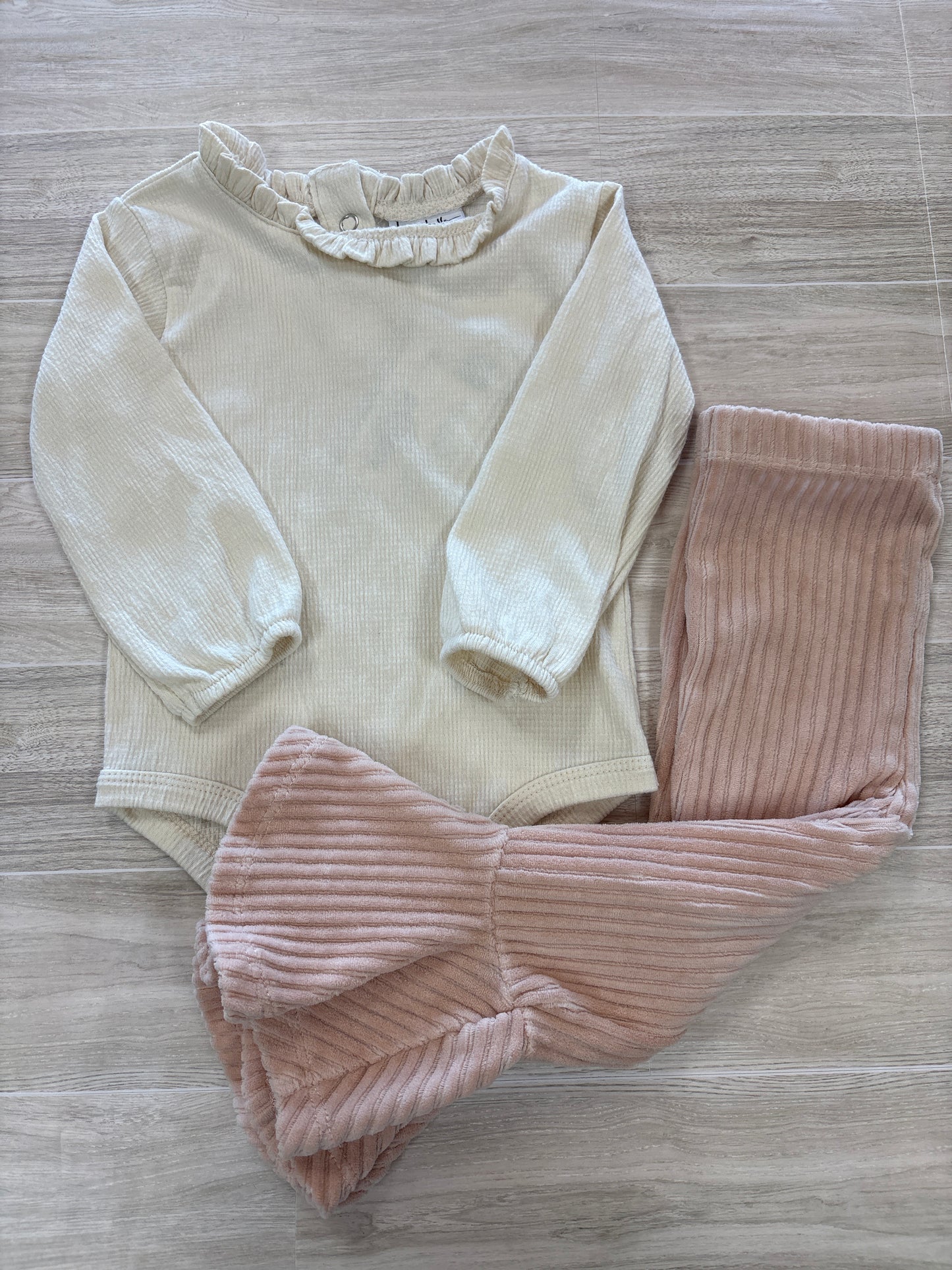 18m Cream Ruffle Long Sleeve Onesie + Pink Ribbed Flare Pant Set
