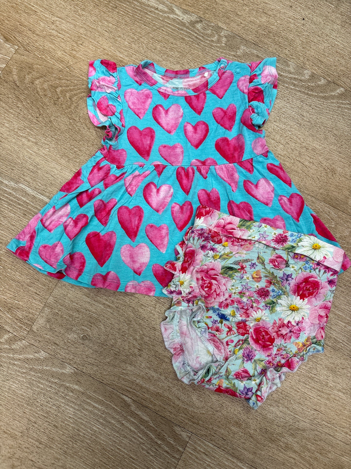 18-24m Posh Peanut Teal/ Heart Dress + Bloomer Set