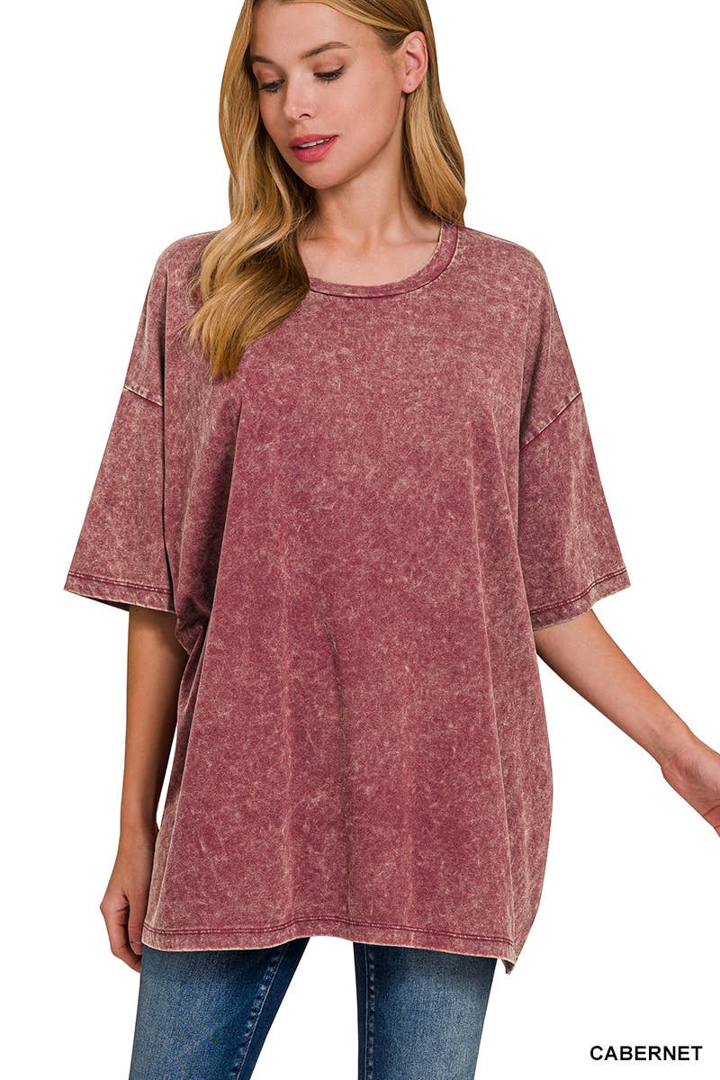 Acid Wash Cotton Oversized Tee: CABERNET- L/XL