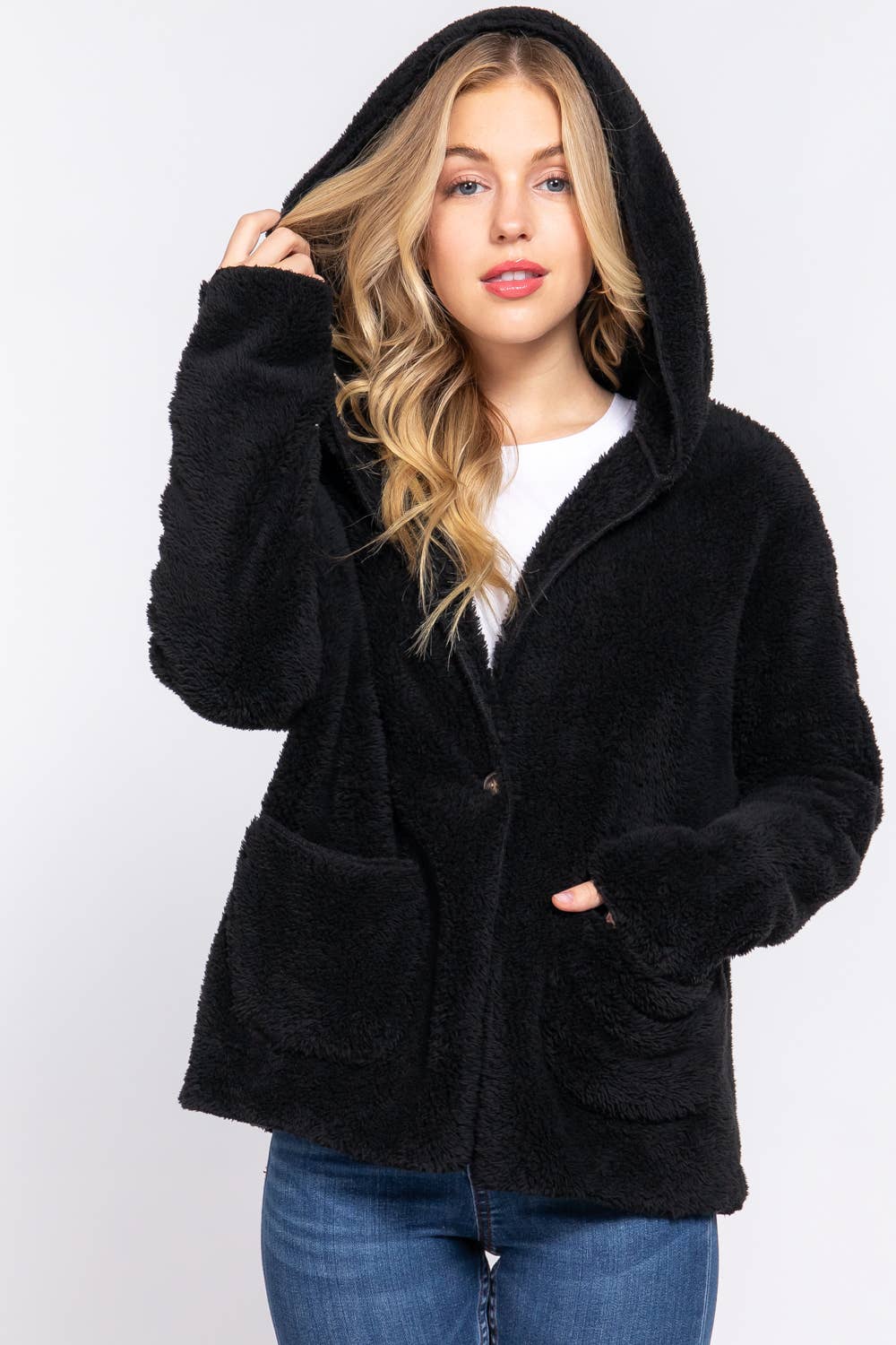 Long Dolman Sleeve Hoodie Sherpa Jacket - Black