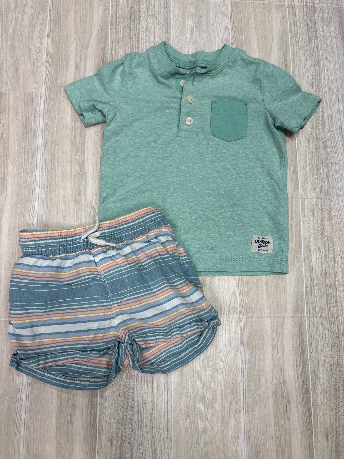 12m OshKosh Teal Shirt + Blue Pastel Striped Shorts