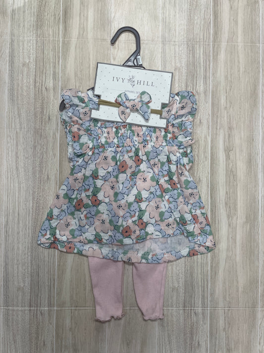 NWT 3-6m Pastel Floral Tunoc + Legging + Bow Set