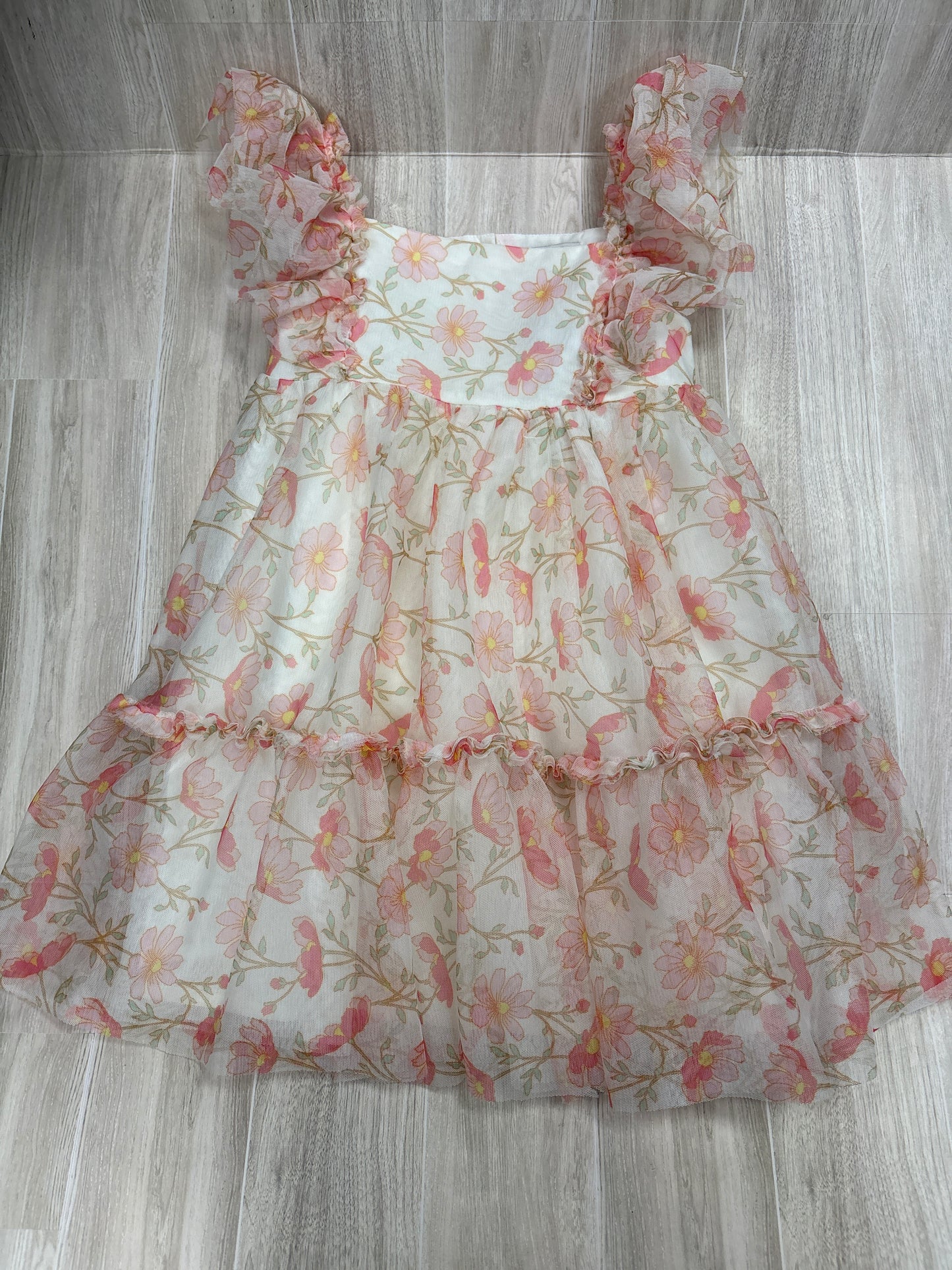 5T Rachel Zoe Cream Pink Floral Layered Ruffle Dress