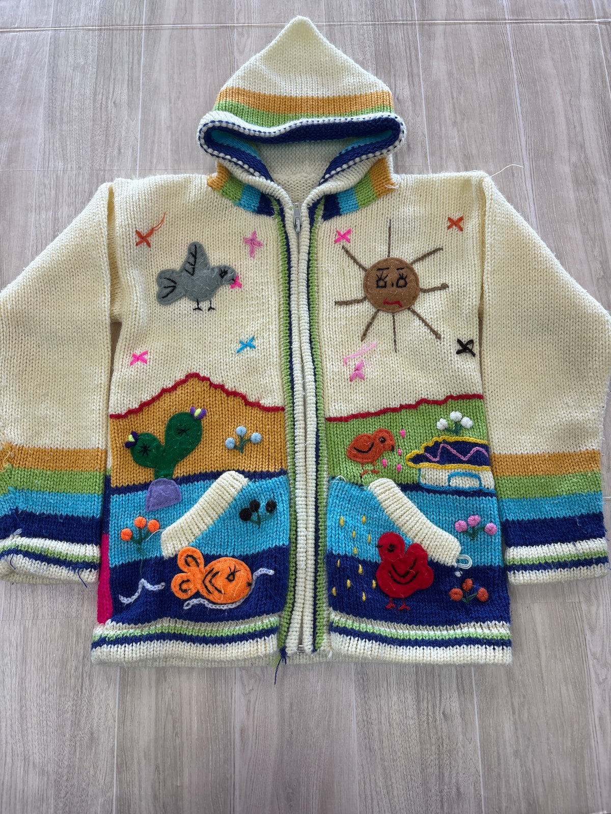 5/6 Cream Handmade Patchwork Zip Up Knit Jacket