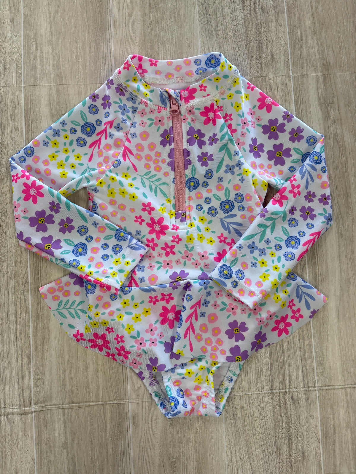 12m White Floral Long Sleeve Ruffle Swimsuit