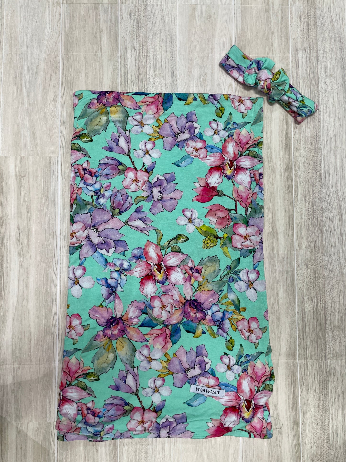 Posh Peanut Swaddle + Bow Set - Mint Watercolor Flowers