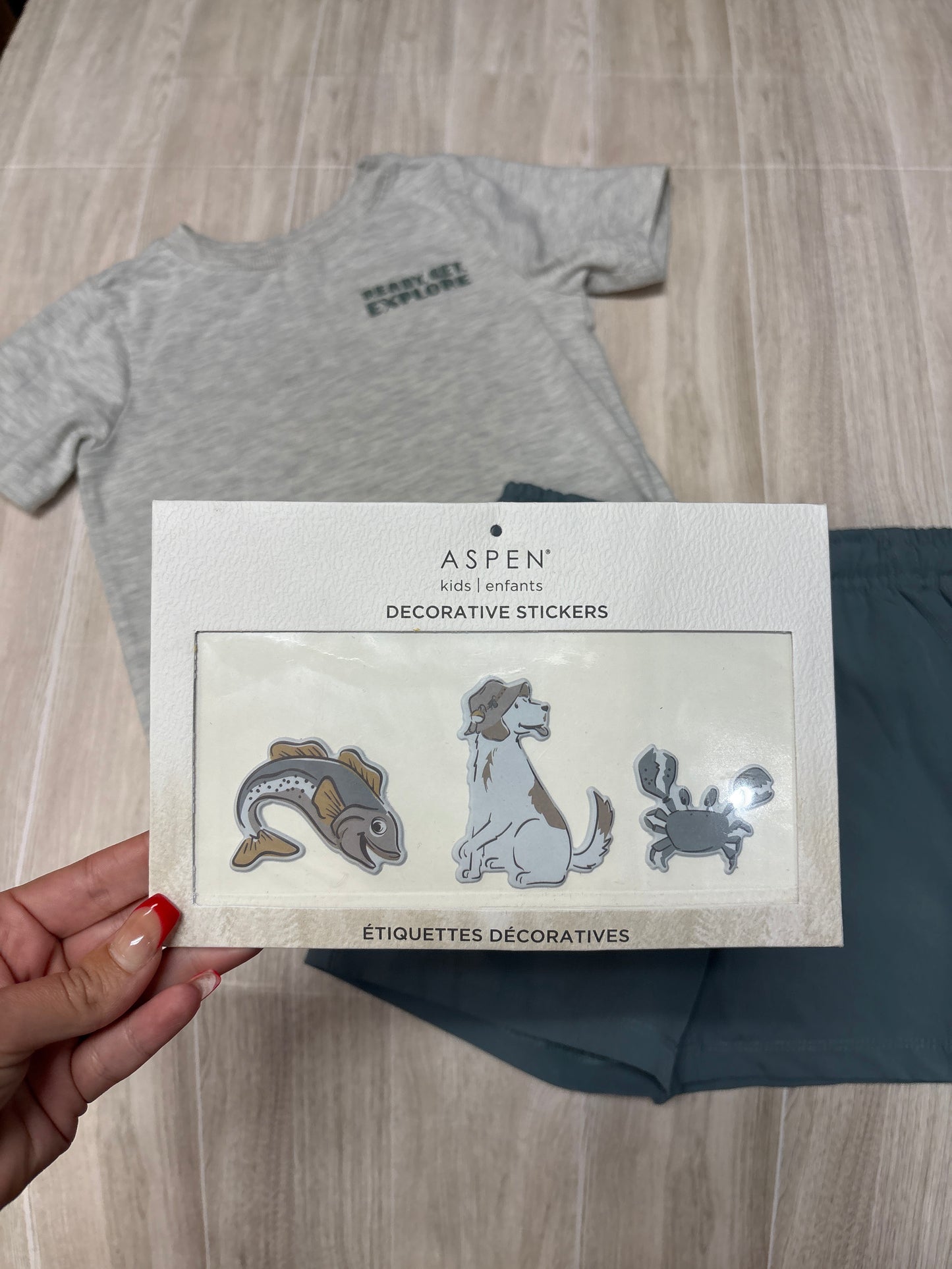 3T Grey Fishing Graphic Tee + Active Shorts + Stickers