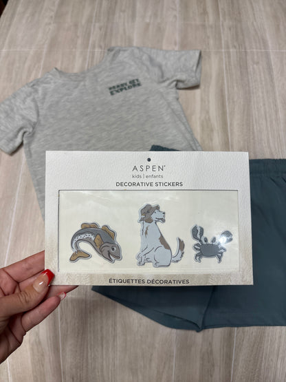 3T Grey Fishing Graphic Tee + Active Shorts + Stickers