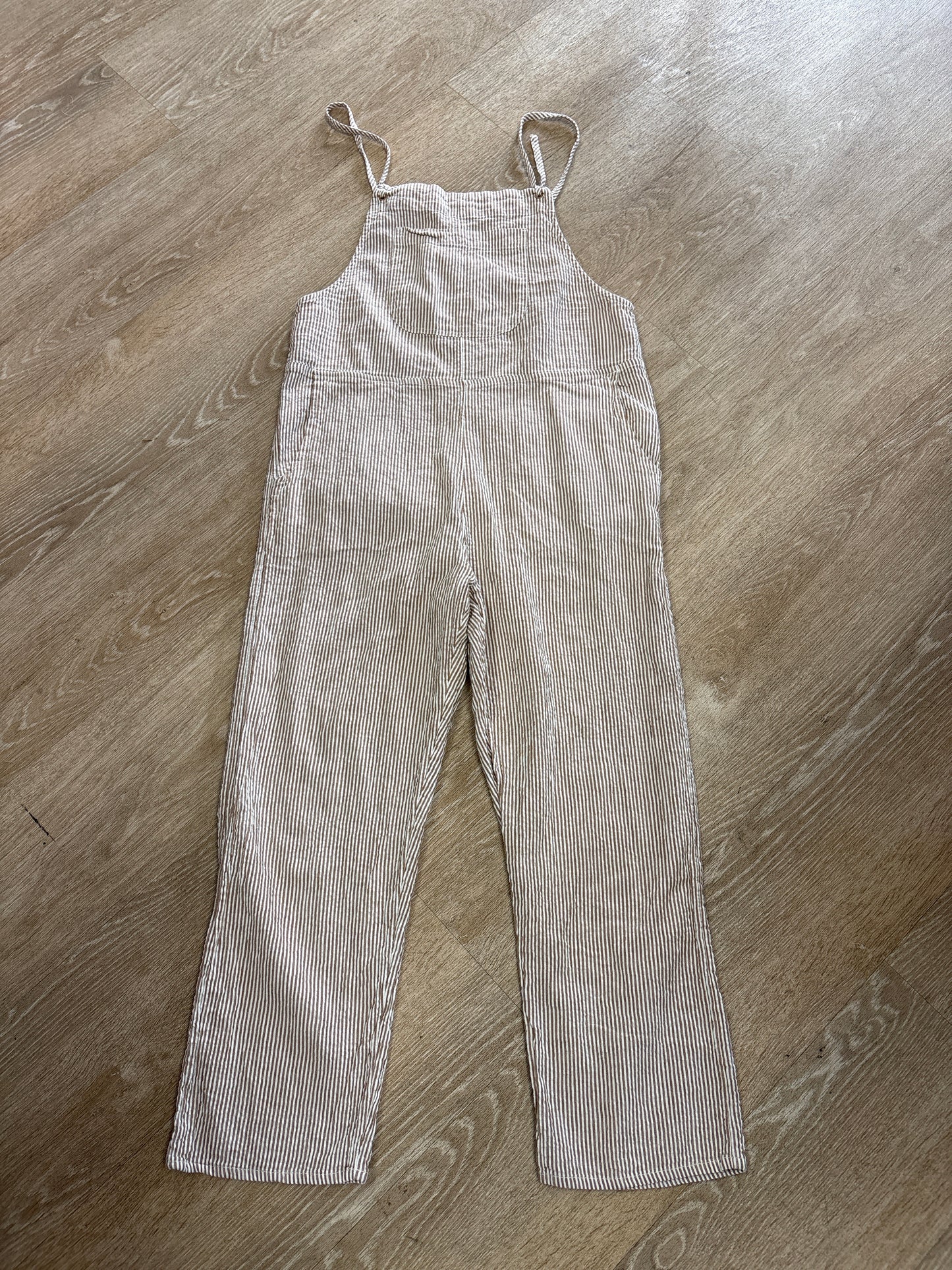 Womens Medium RVCA Tan/White Pinstripe Overall Jumpsuit