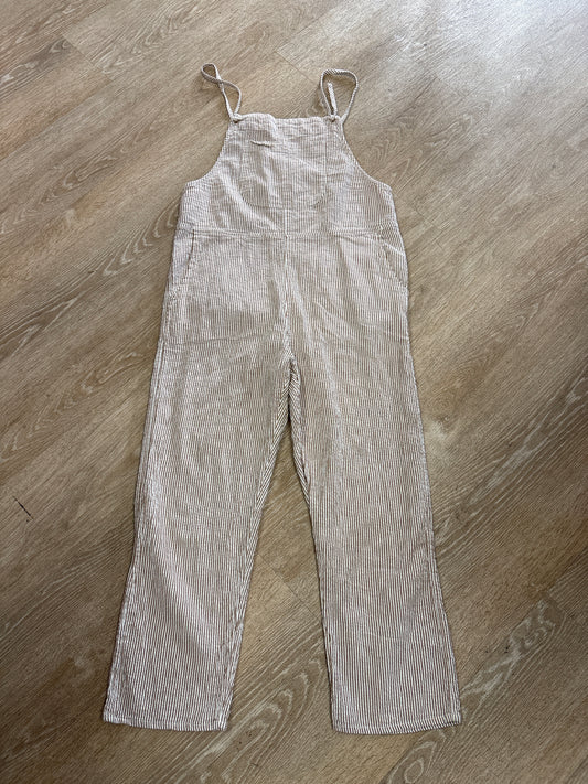 Womens Medium RVCA Tan/White Pinstripe Overall Jumpsuit