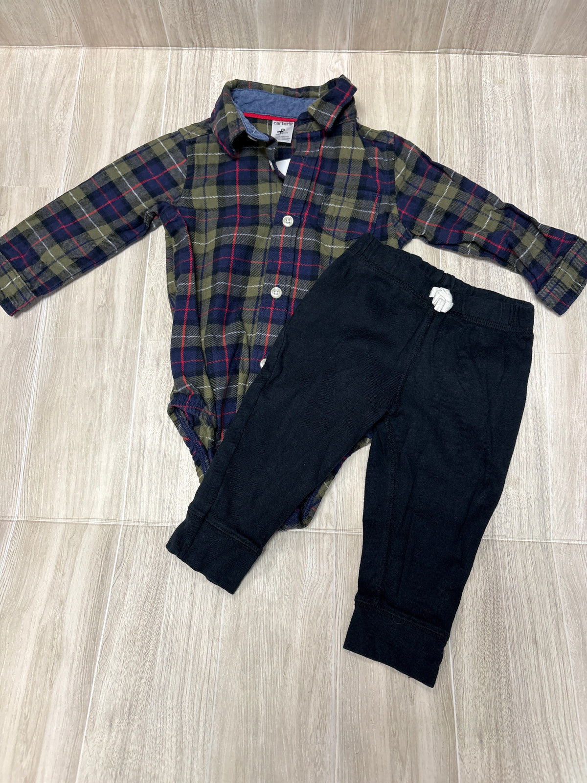 9m Green Plaid Flannel Onesie + Jogger Set