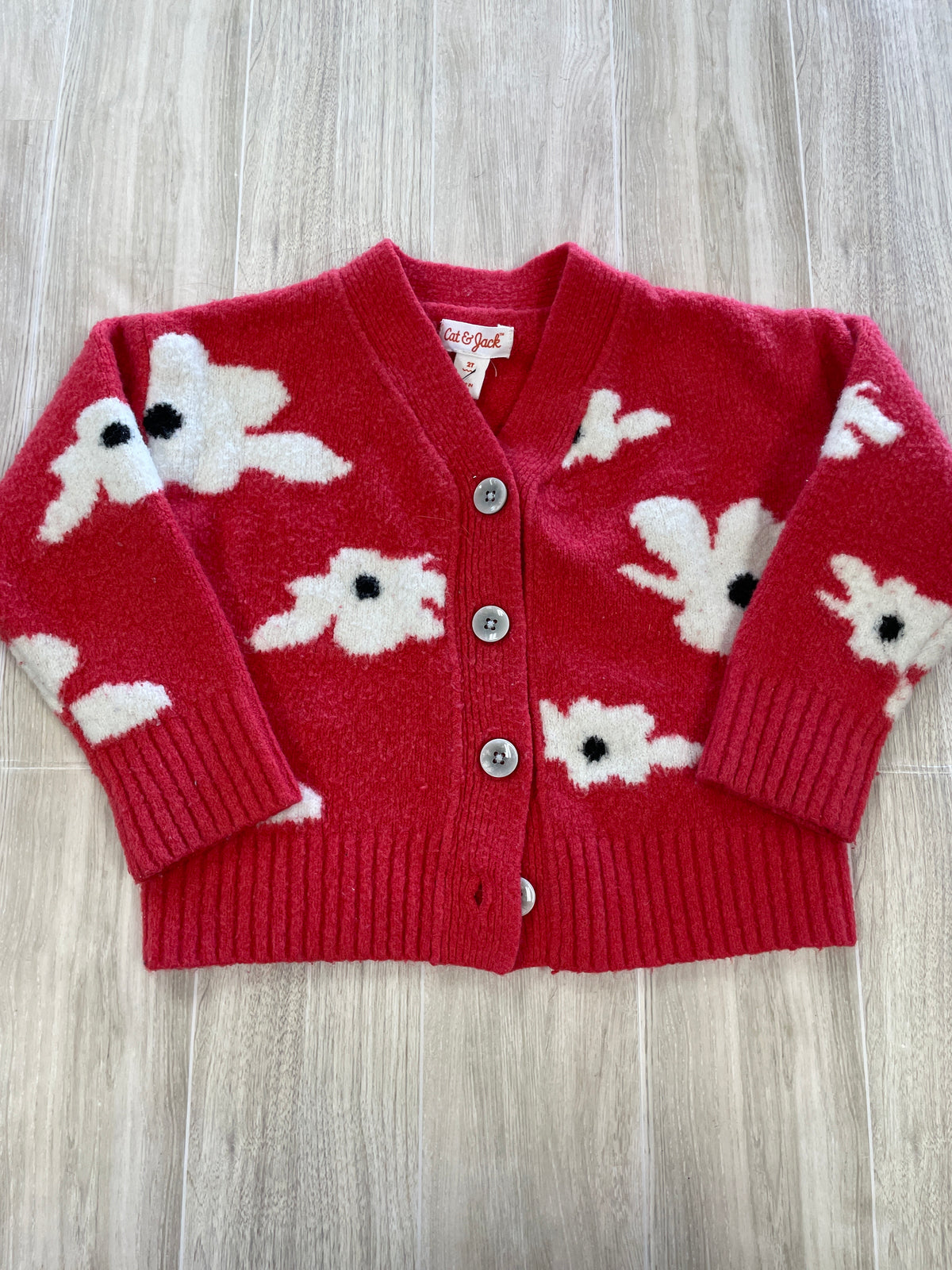 2T Red Floral Soft Button Cardigan