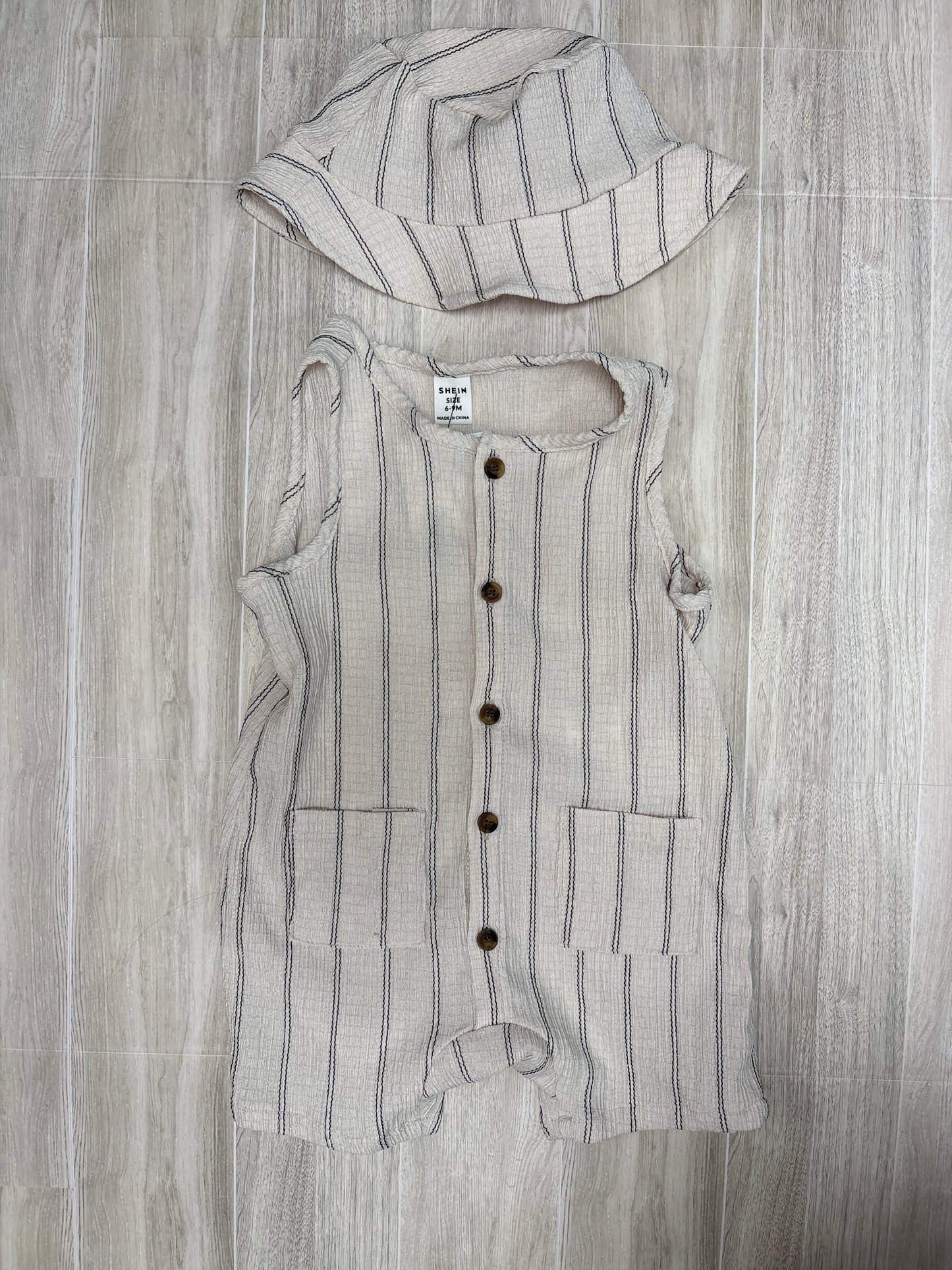6-9m Tan/Black Pinstripe Tank Romper + Hat Set (SHEIN)