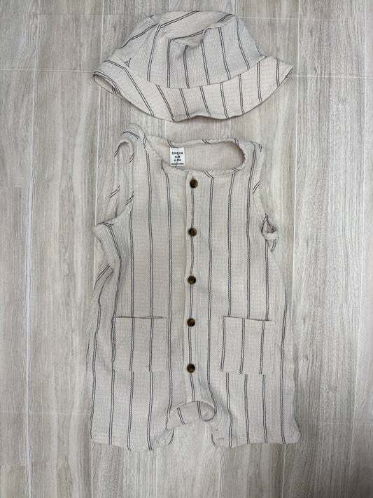 6-9m Tan/Black Pinstripe Tank Romper + Hat Set (SHEIN)