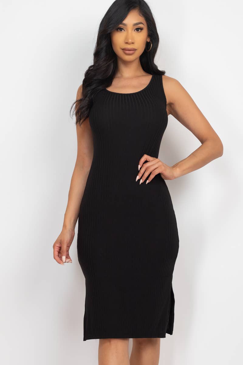 CAPELLA APPAREL - Solid Ribbed Side Slit Tank Midi Dress: Green Bay / S
