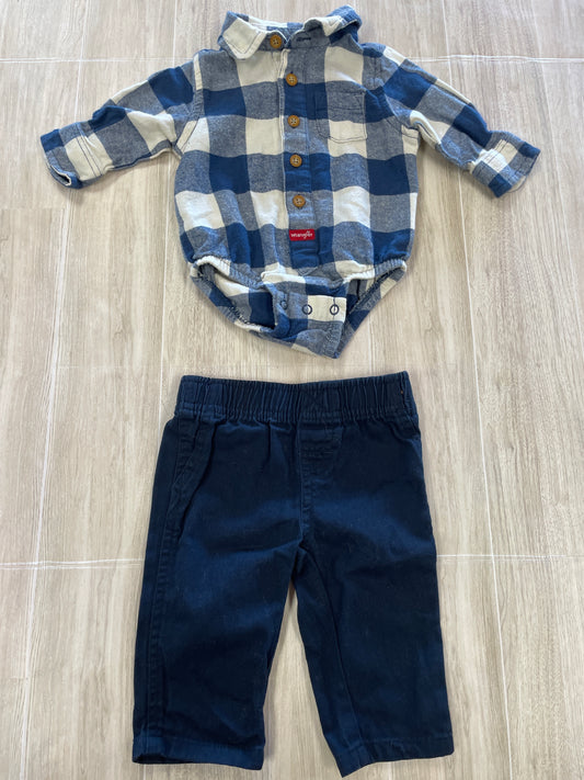0-3m Wrangler Navy/White Plaid Long Sleeve Onesie + Navy Jogger Pant