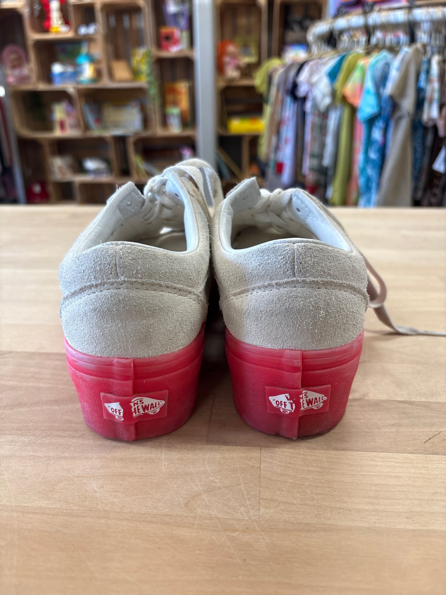 Womens 5 Suede Cream/Pink Platform Vans