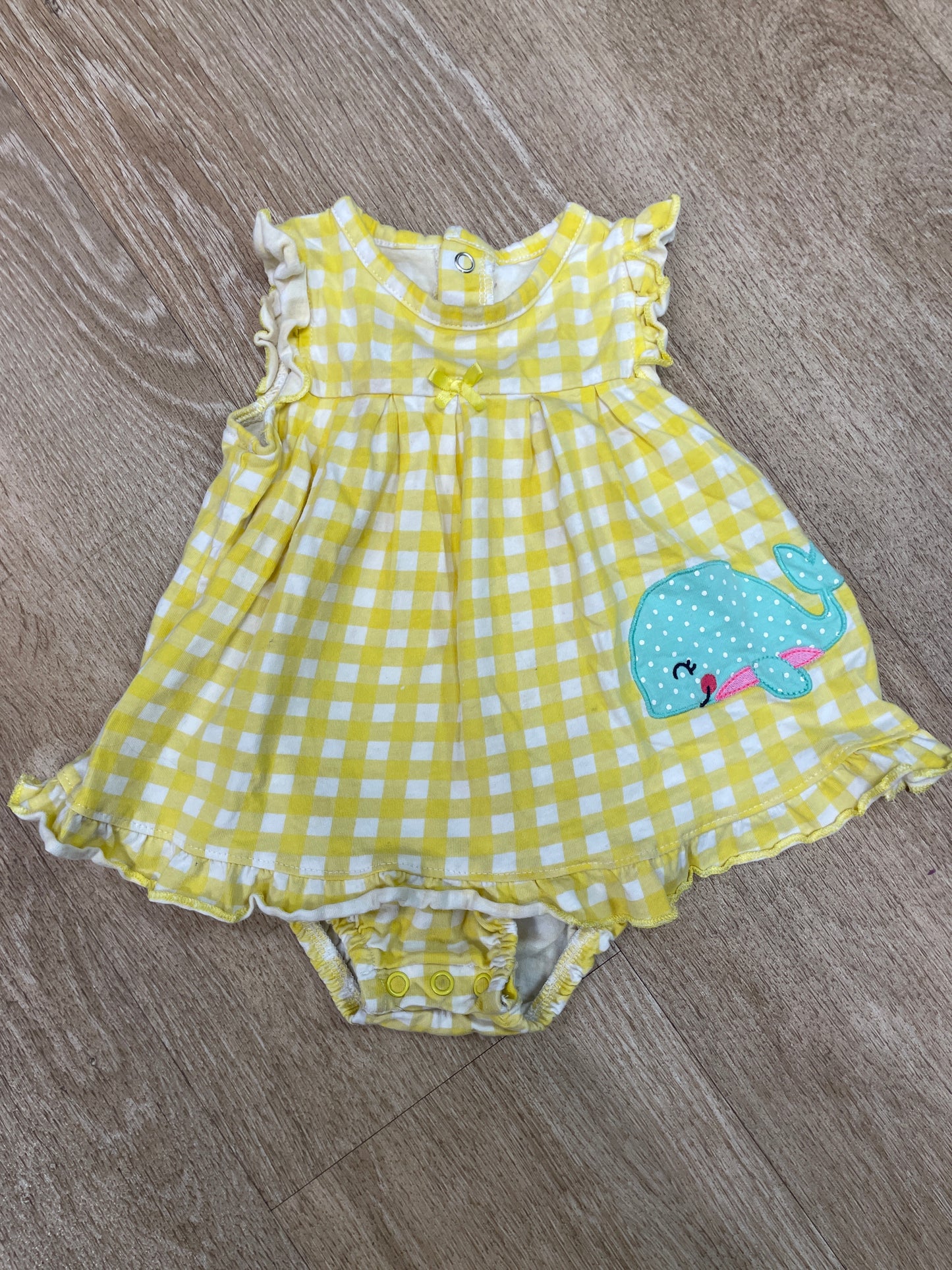 6-9m Yellow Checkered Onesie Dress with Whale