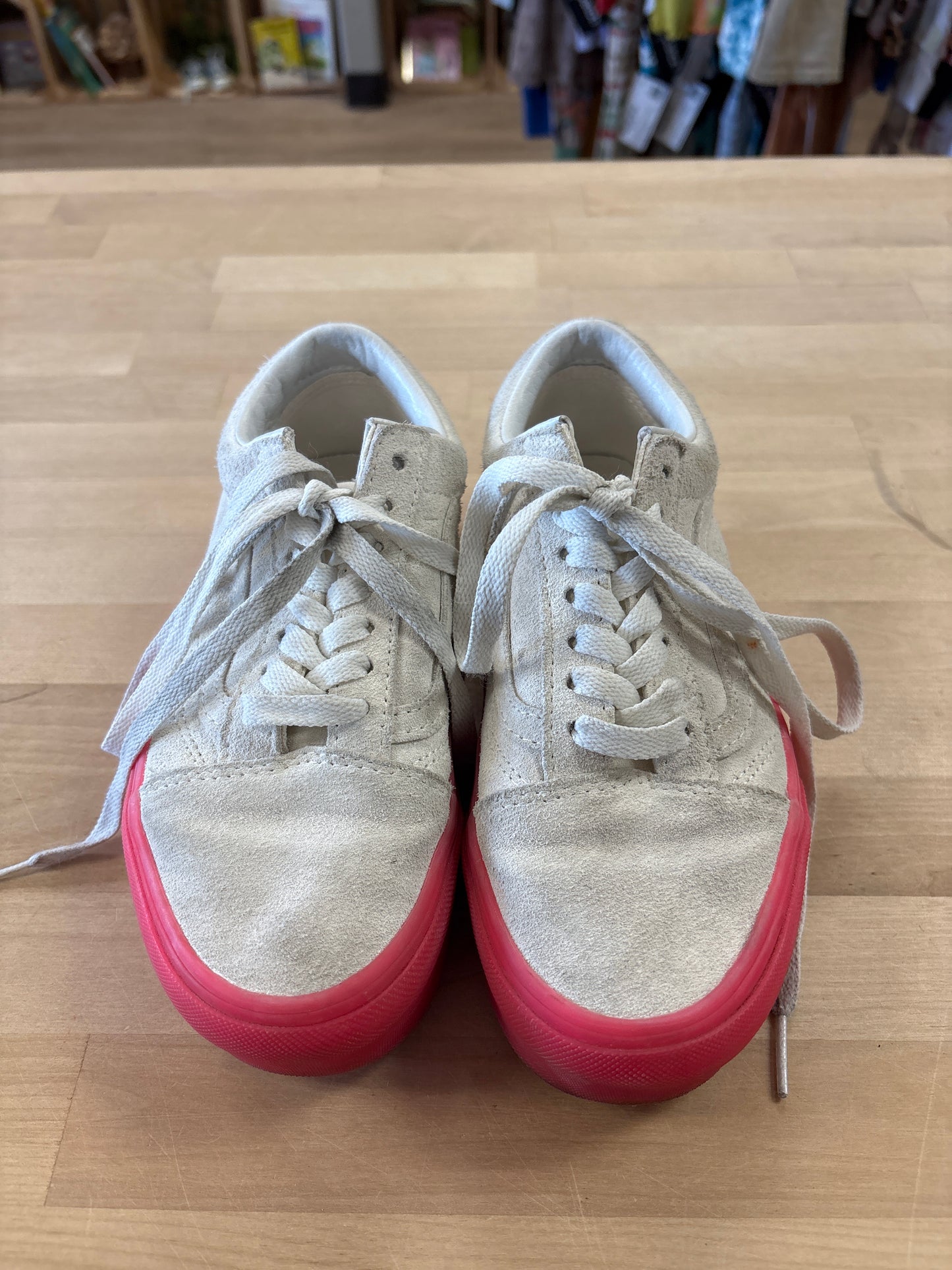 Womens 5 Suede Cream/Pink Platform Vans