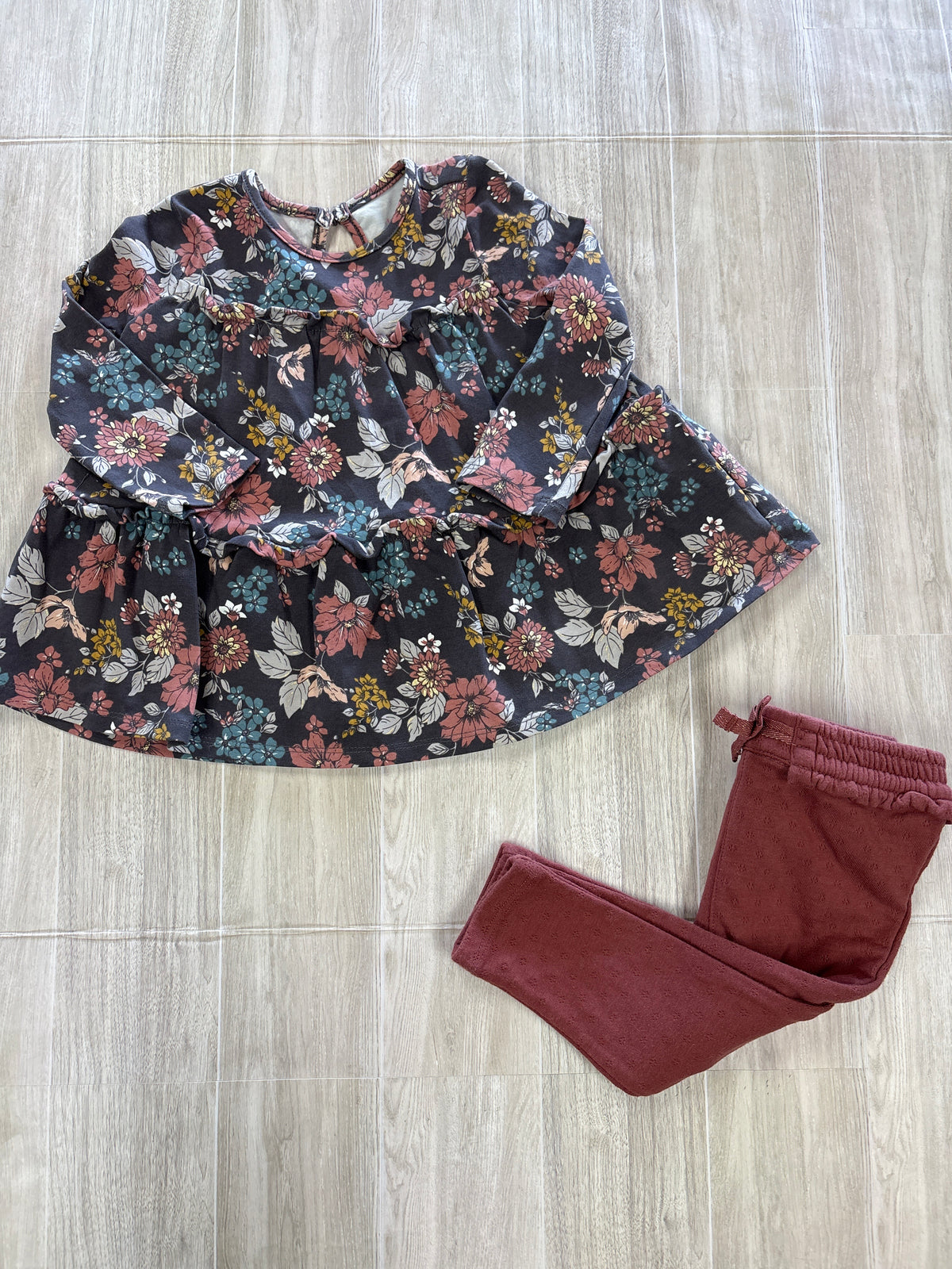12m Charcoal Grey Floral Long Sleeve + (different brand) Terracotta Sweats Set