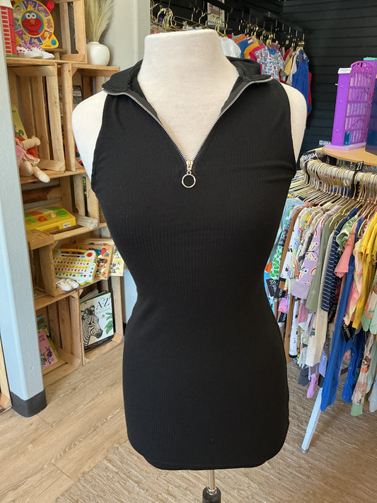 Womens Small Black Ribbed Zip-Front Dress