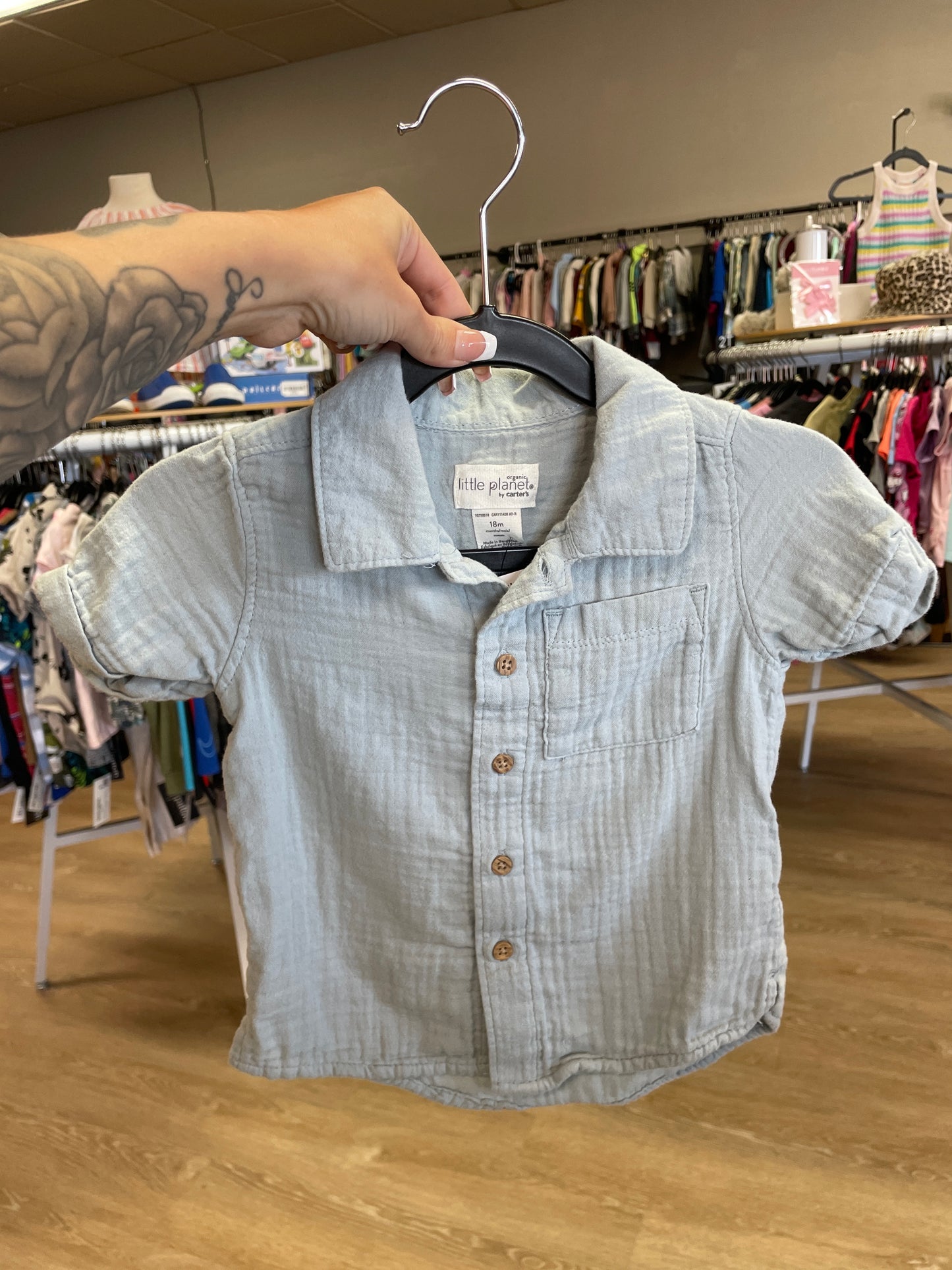 18m Organic Gauze Blue Button Up