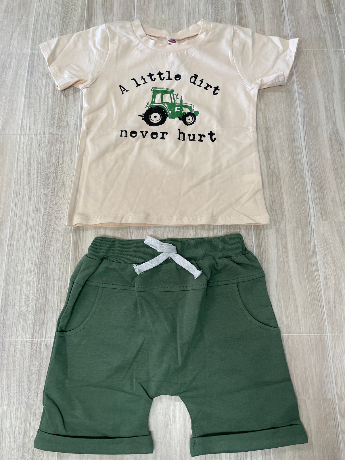 4T A Little Dirt Never Hurt Cream Shirt + Olive Short Set