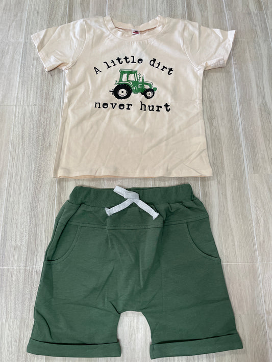 4T A Little Dirt Never Hurt Cream Shirt + Olive Short Set