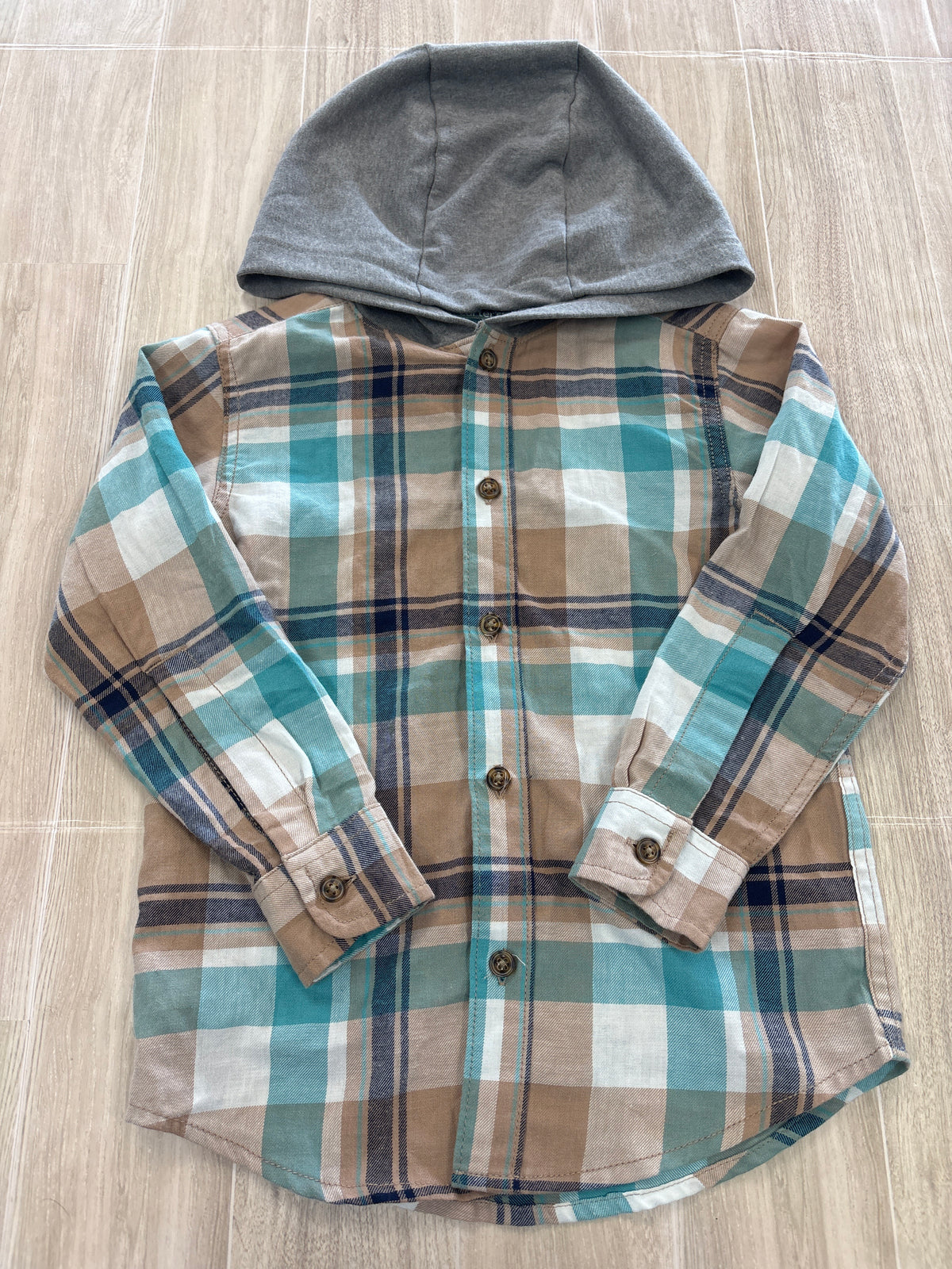 4T Blues/Tan Button Up Hooded Flannel