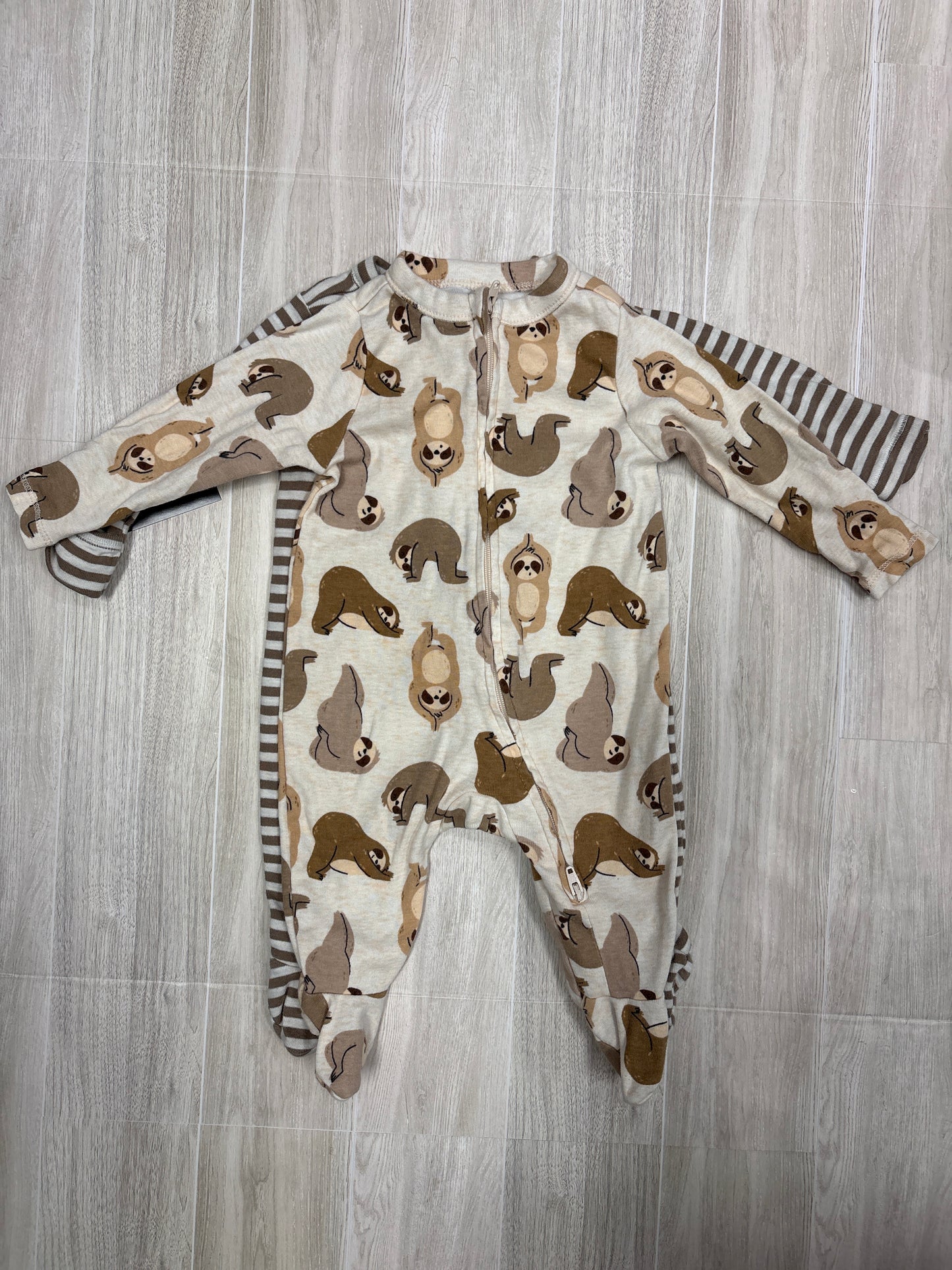 0-3m Tan Sloth + Striped Footed Pajama 2 Pack