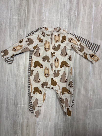 0-3m Tan Sloth + Striped Footed Pajama 2 Pack