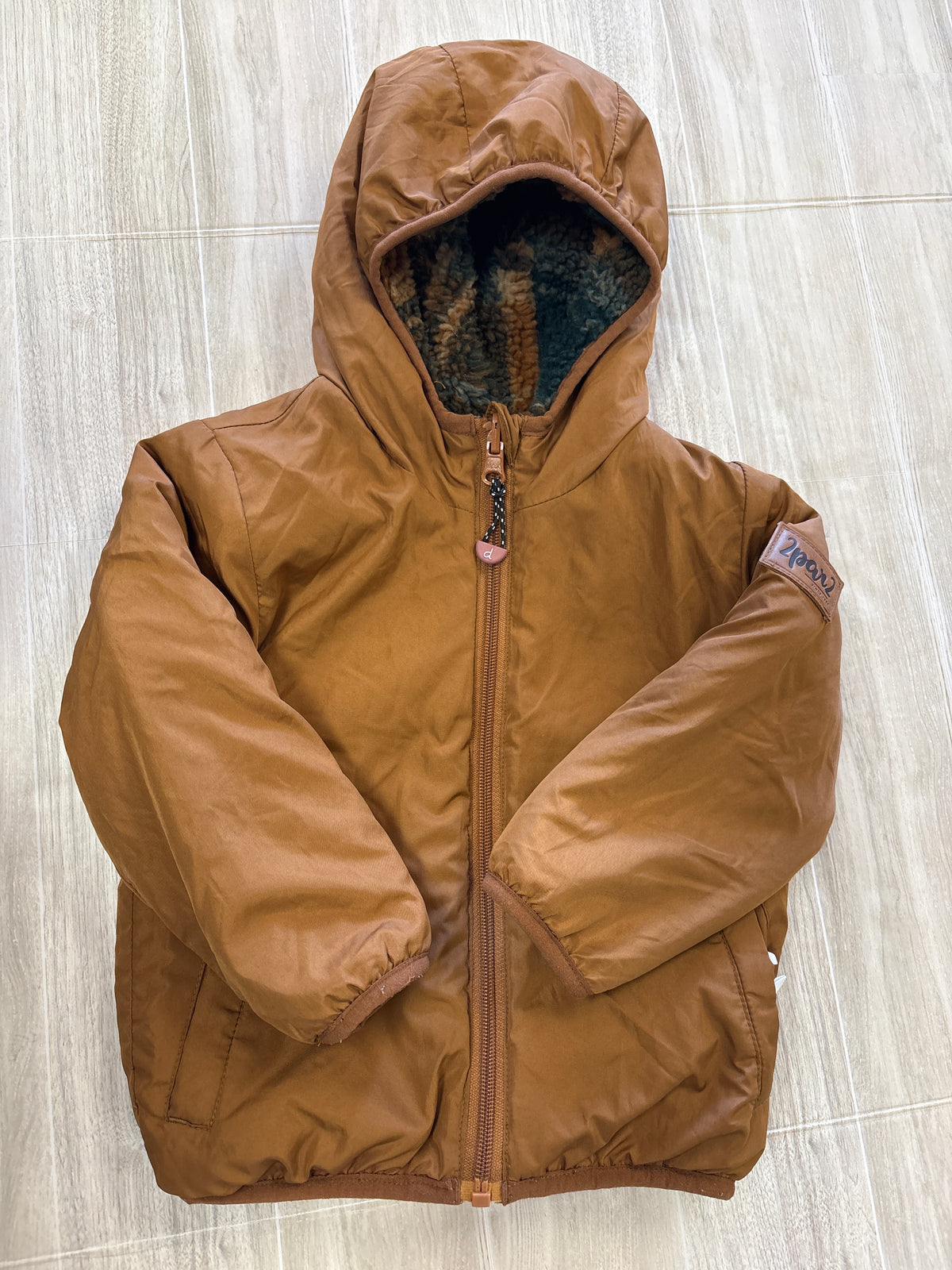 2T Camel/Green Teddy Reversibile Hooded Jacket