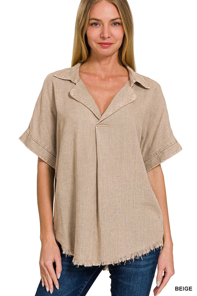 WASHED LINEN RAW EDGE V-NECK SHIRT: ASH MOCHA/ M