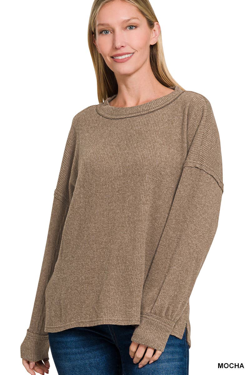 Brushed Ribbed Exposed Seam Drop Shoulder Sweater - Mocha