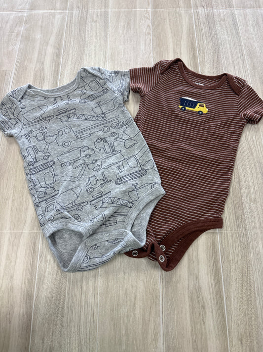 6m Brown Stripe/Tractor Onesie 2 Pack