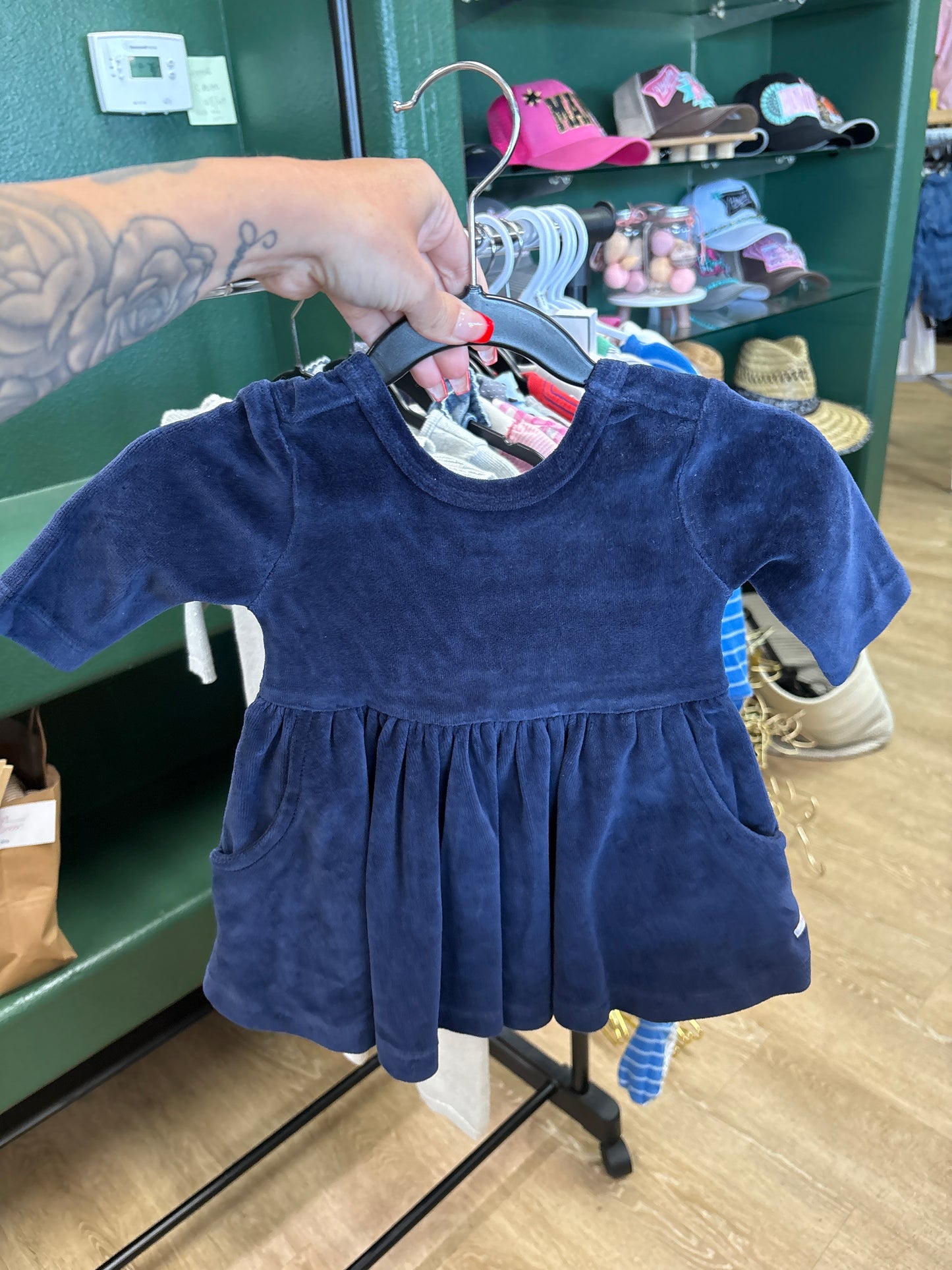 NWT 12-18m Ruffle Butts Velour  Navy Blue Dress