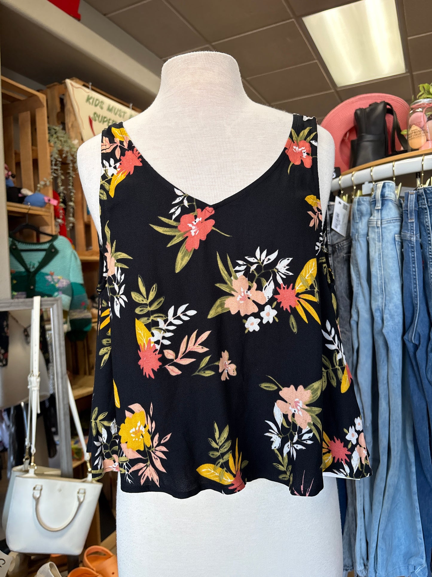 Womens Small Black Floral Open Back Tank Top