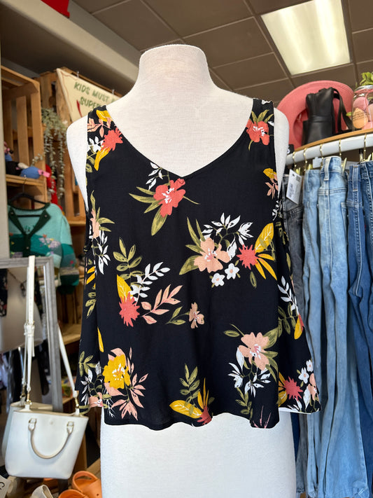 Womens Small Black Floral Open Back Tank Top
