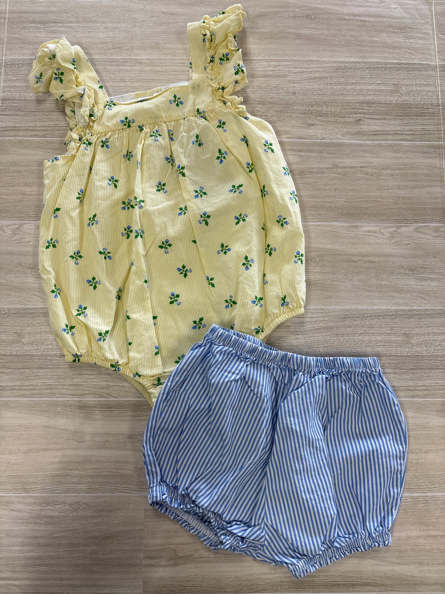 18m Little Me Yellow Floral Bubble Tank Romper + Blue Striped Bloomers