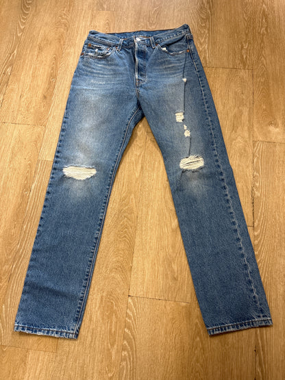 Womens 29 Levis 501 Distressed Button Fly Straight Leg Denim