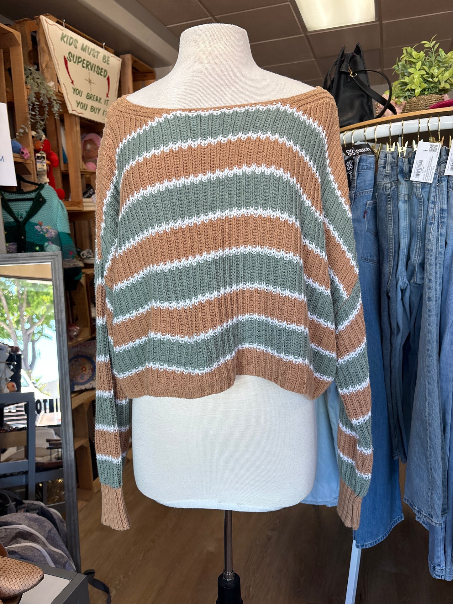 Womens Large American Eagle Knitted Striped Green/Brown Crop Sweater
