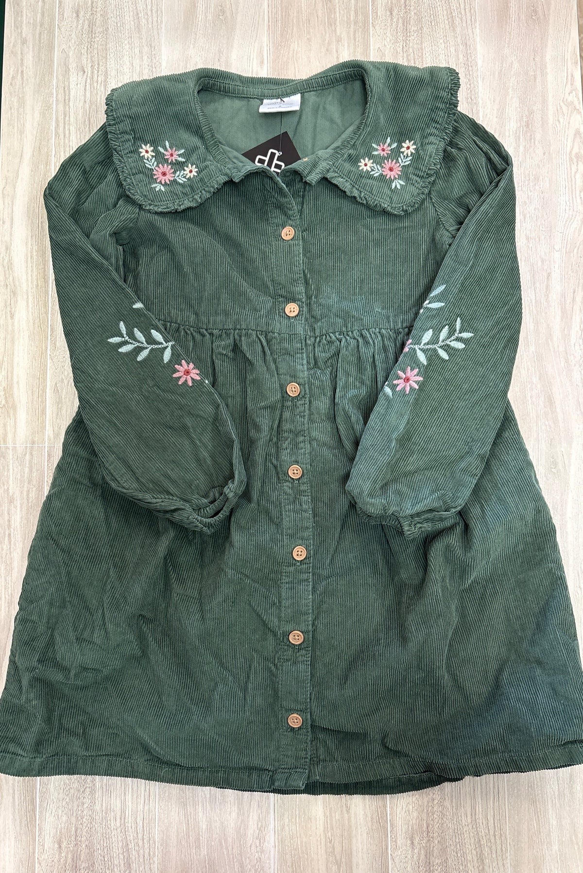 6 Little Co Green Corduroy Collared Embroidered Floral Long Sleeve Dress