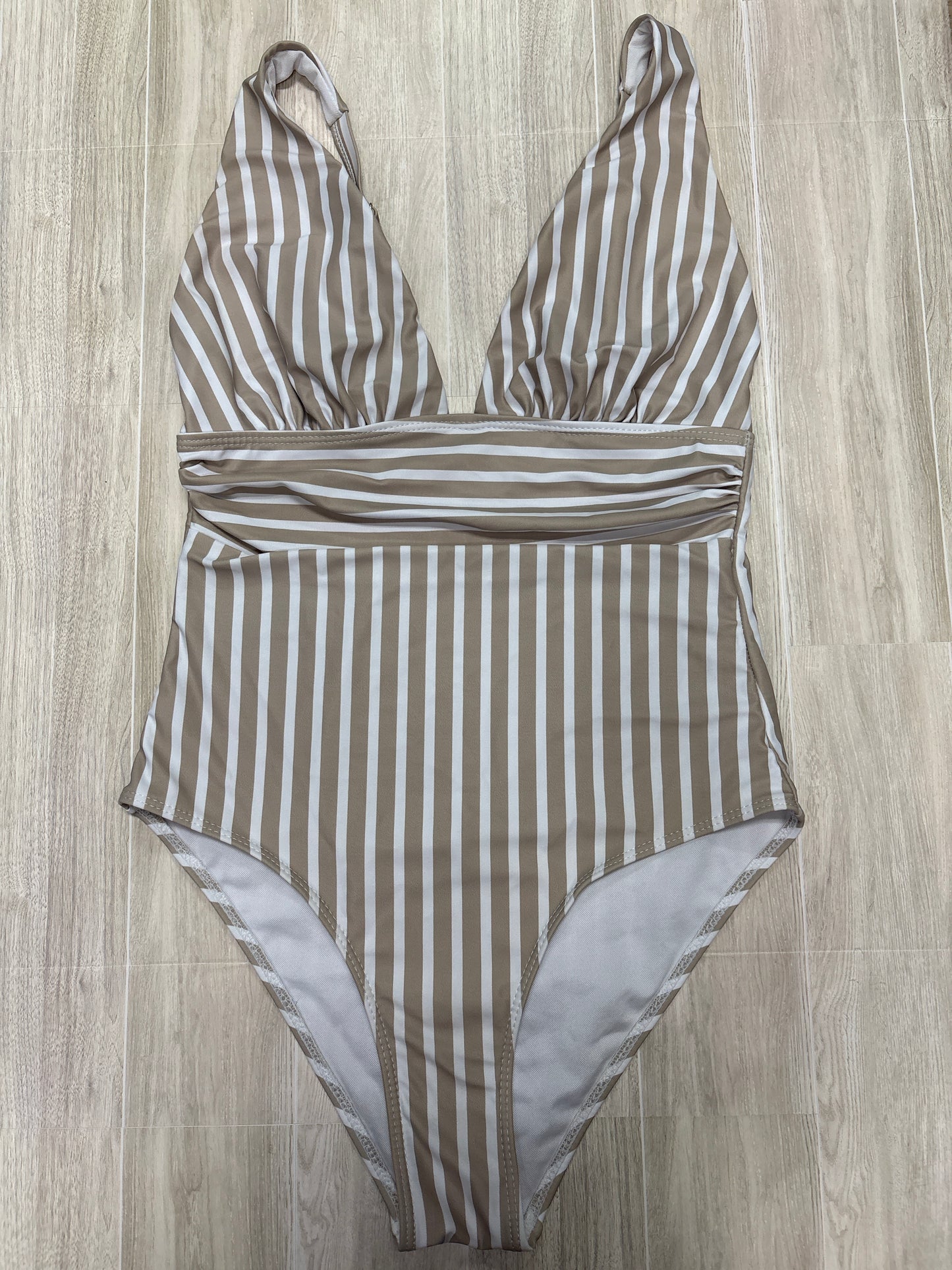Womens Medium Beige Striped One Piece Swim Suit