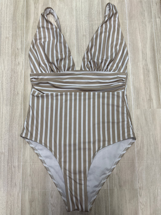 Womens Medium Beige Striped One Piece Swim Suit