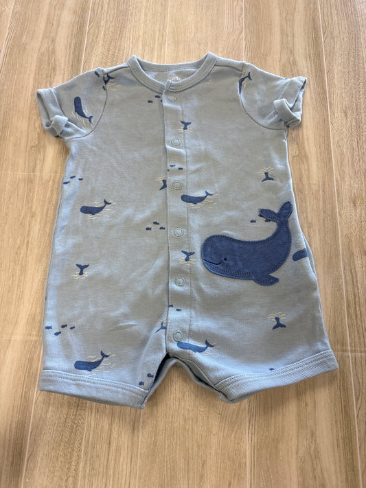0-3m Blue Whale Button Shortie Romper